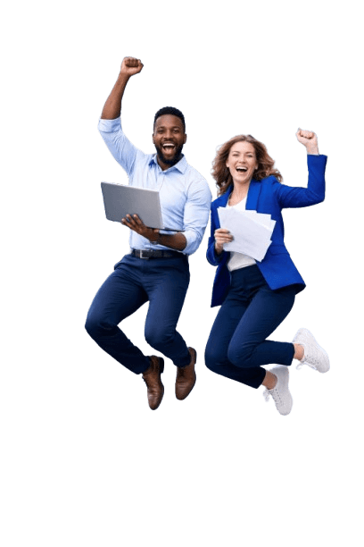Joyful professionals celebrating career success