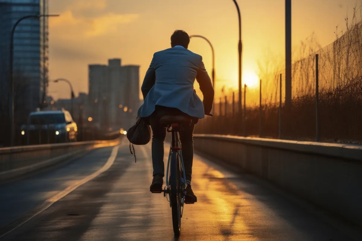 Professional cycling home along a city road at sunset