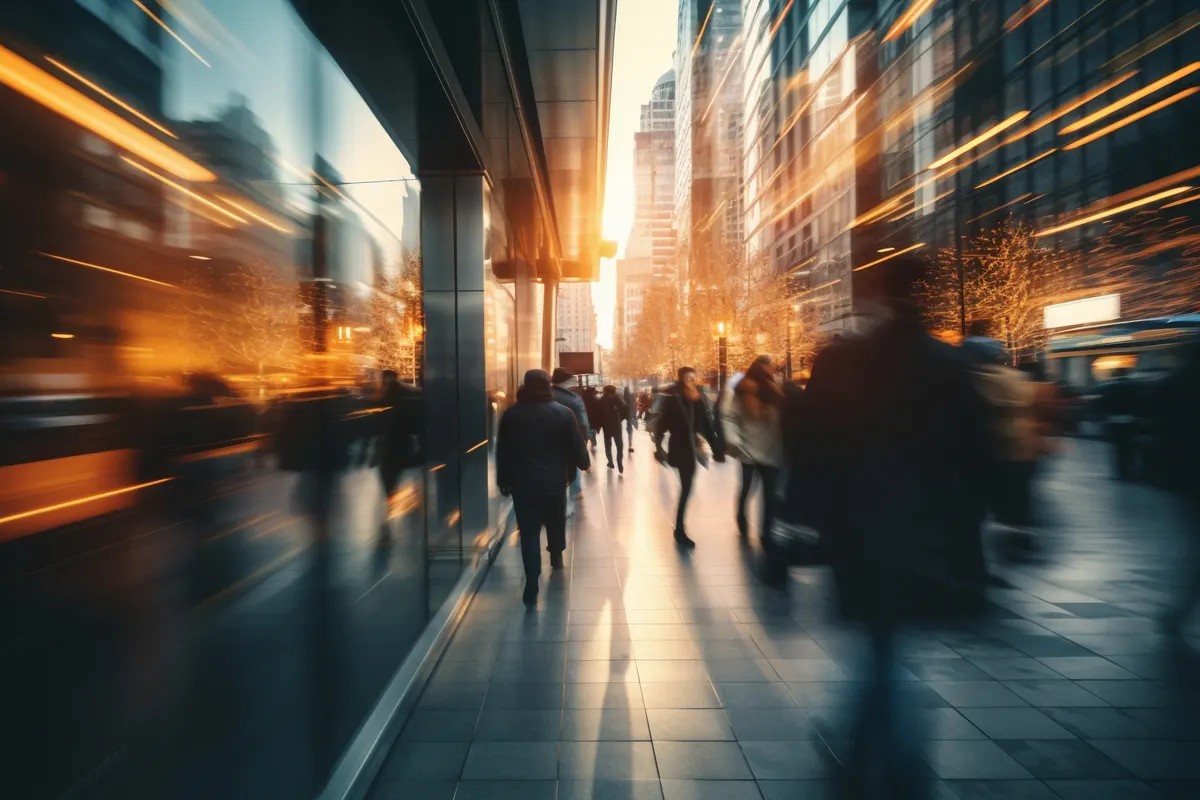 Commuters walking through a business district at rush hour